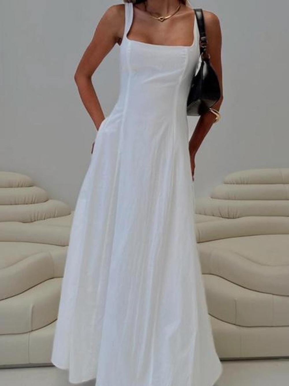 Elegant White Square-Neck Maxi Dress - Picture 1 of 4